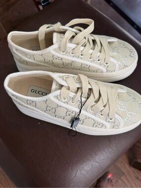 Gucci Beige Monogram Canvas Platform Sneakers